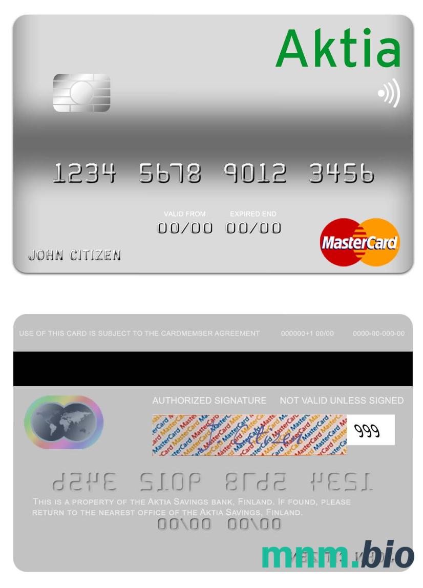 Finland Aktia Savings Bank przykład karty mastercard w formacie PSD